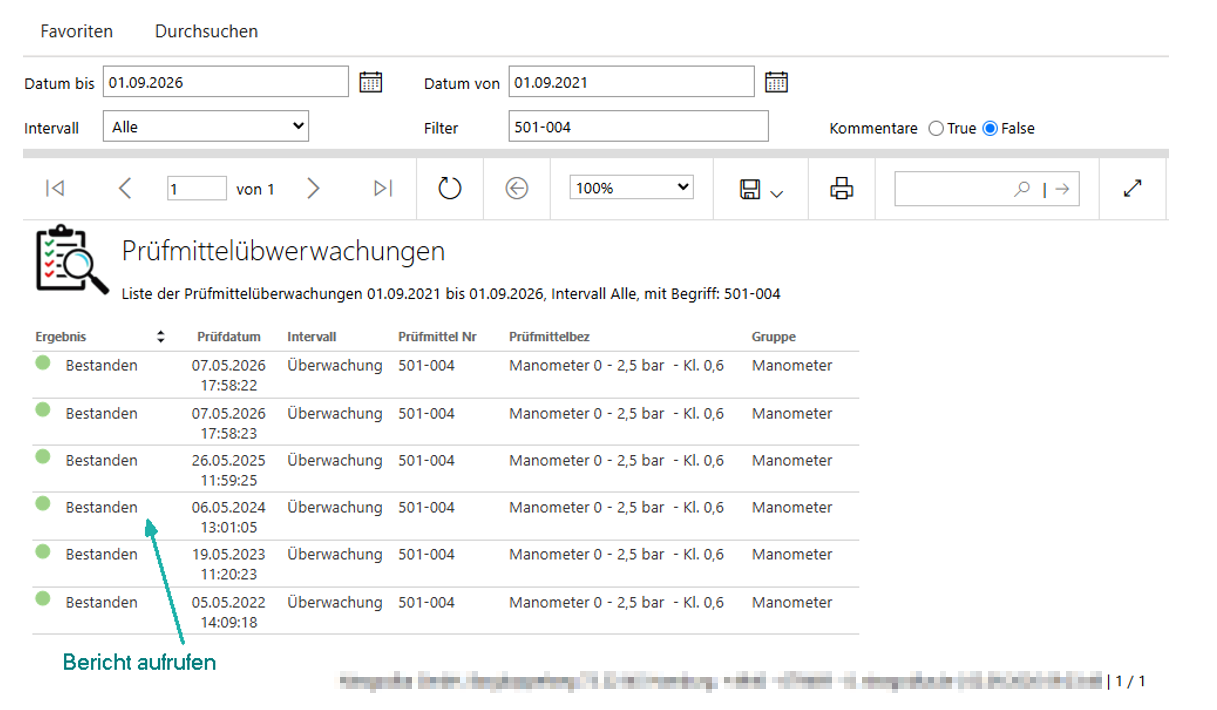 Darstellung der Prüfmittelüberwachungen im Portal