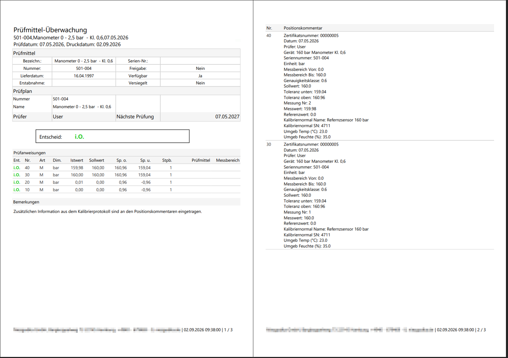 Protokollbericht mit zusätzlichen Positionskommentaren in der PDF-Ausgabe